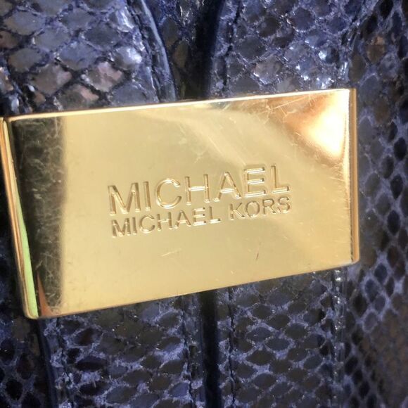 Michael Kors Blue Python Embossed Studded Leather Strap Gold Crossbody Purse Bag - Picture 5 of 5